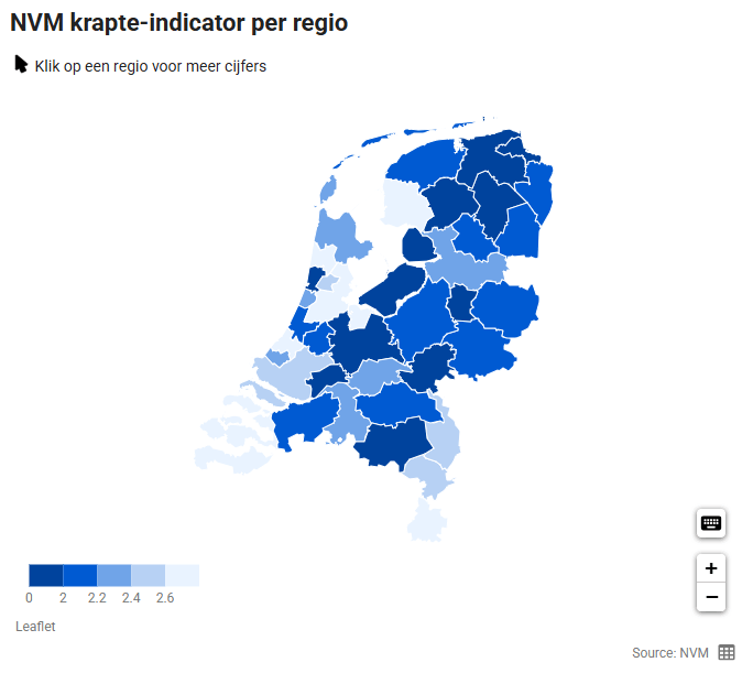 Kaart van Nederland met de regionale krapte op de woningmarkt, waarbij de regio's in verschillende blauwtinten zijn gearceerd om verschillende krapheidsniveaus aan te geven; donkerder blauw staat voor hogere krapte. Bron: NVM.