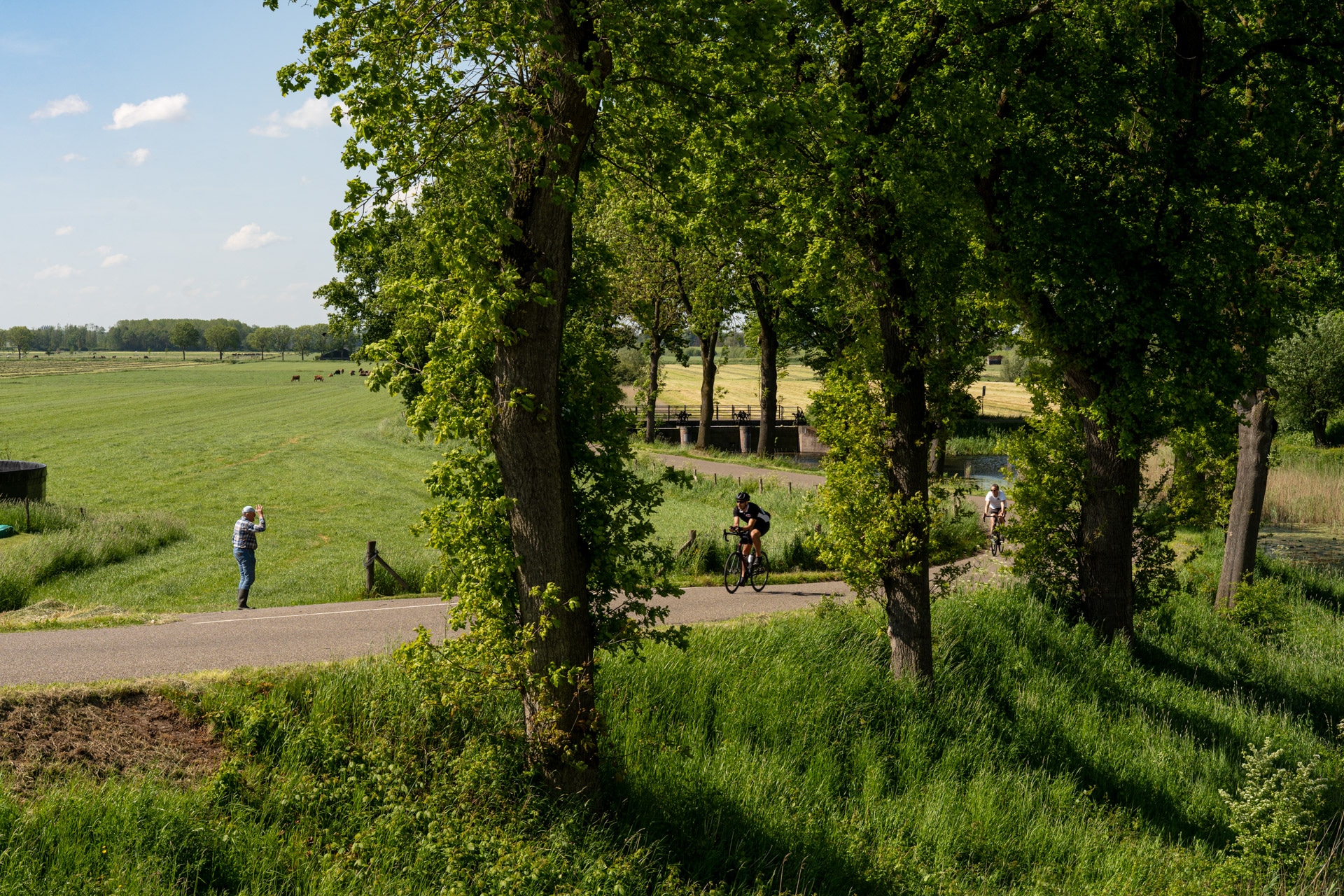 Een persoon staat in een grasveld en fotografeert drie fietsers die over een kronkelige landweg rijden, omringd door hoge groene bomen en open landbouwgrond onder een blauwe lucht met verspreide wolken.