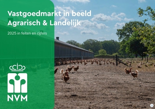 Een boerderij met veel kippen buiten een grote schuur onder een gedeeltelijk bewolkte hemel. Witte tekst luidt: Vastgoedmarkt in beeld Agrarisch & Landelijk 2025 in feiten en cijfers. Het NVM-logo staat linksonder.