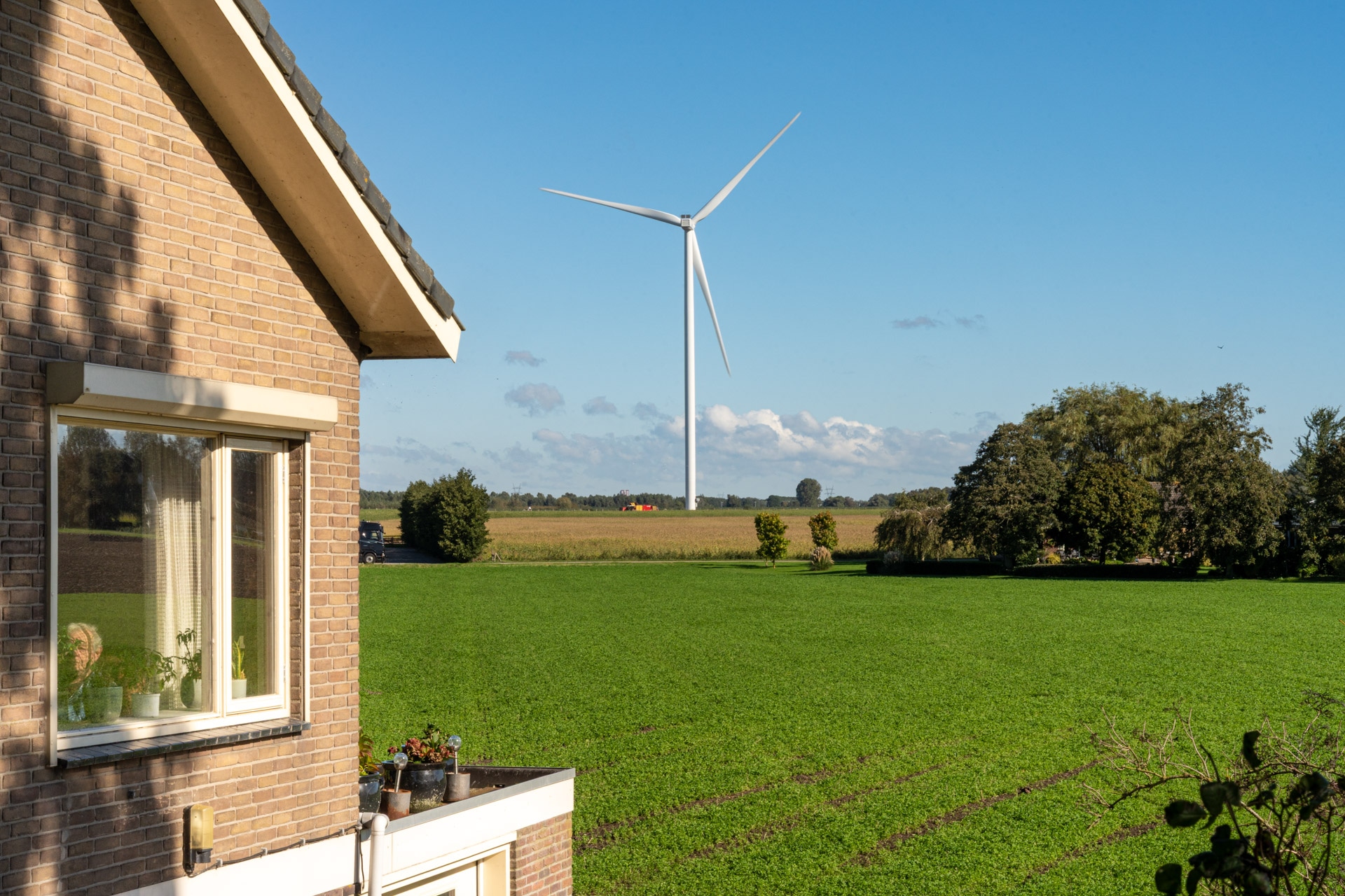 Een moderne windturbine staat in een groen veld onder een strakblauwe hemel, met links op de voorgrond een deel van een bakstenen huis en een raam met potplanten. Bomen omzomen de rand van het veld.