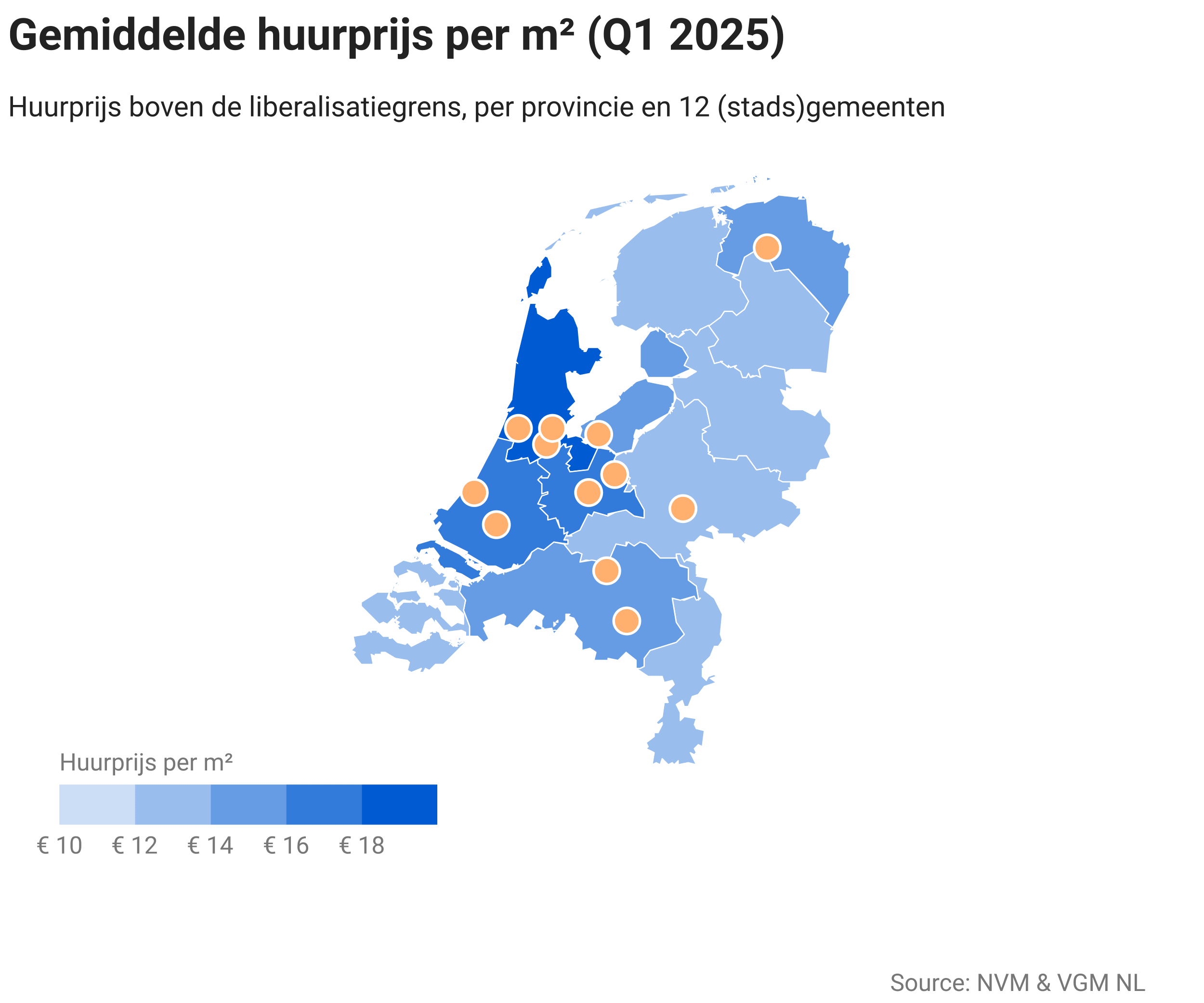 Gemiddelde huurprijs per m2 per provincie en gemeente Q1 2025