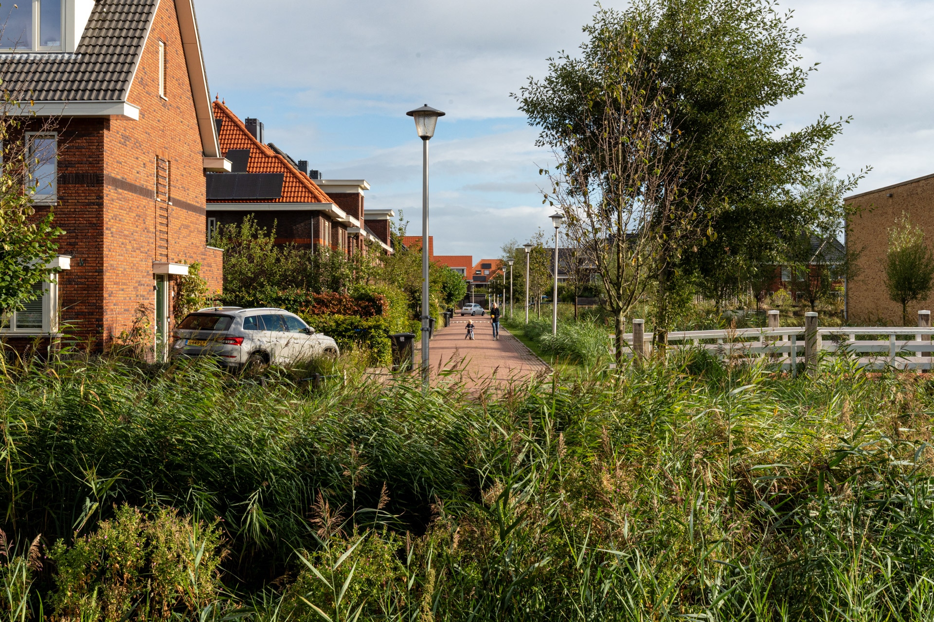 Een rustige voorstedelijke straat met bakstenen huizen, geparkeerde auto's, groen, hoog gras en bomen langs een voetgangerspad. Twee mensen lopen in de verte onder een gedeeltelijk bewolkte hemel.