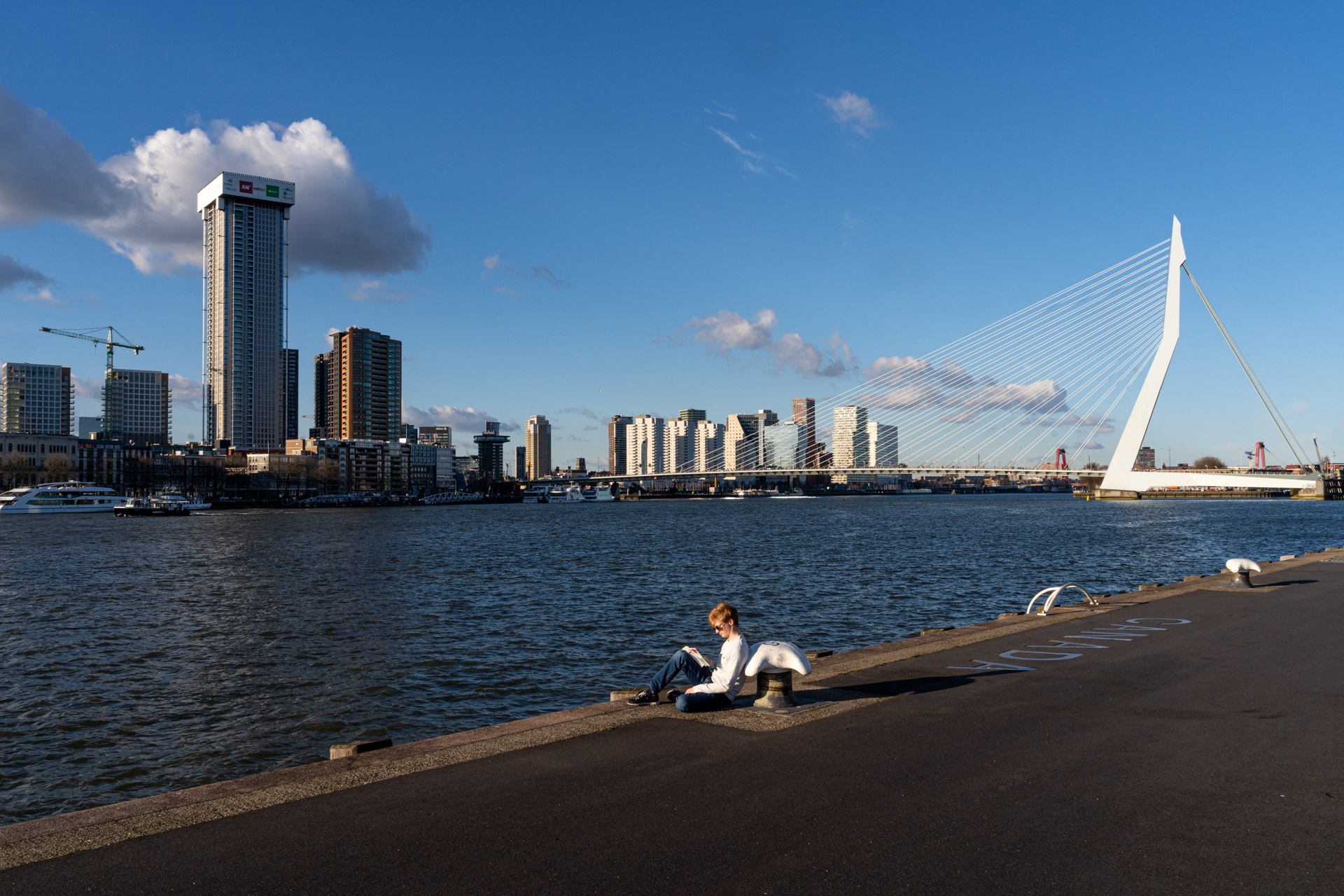 Een persoon zit aan het water met de Erasmusbrug en de skyline van Rotterdam op de achtergrond op een zonnige dag, met blauwe lucht en een paar wolken boven hem.