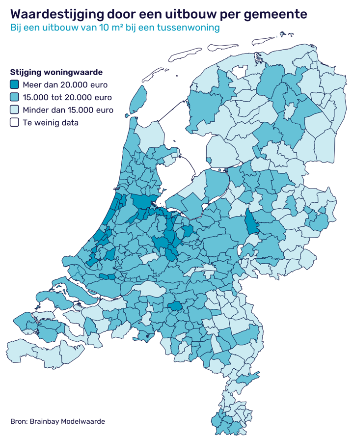Grafiek 3, Waardestijging door een uitbouw per gemeente